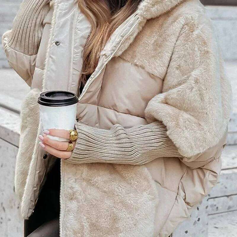 Designer Clothing 2025 1Pc Fashion Women's Cotton Elastic Ribbed Sleeve Parka Faux Fur Spliced Winter Comfort Chic Hooded Jacket Loose Zipper Coa