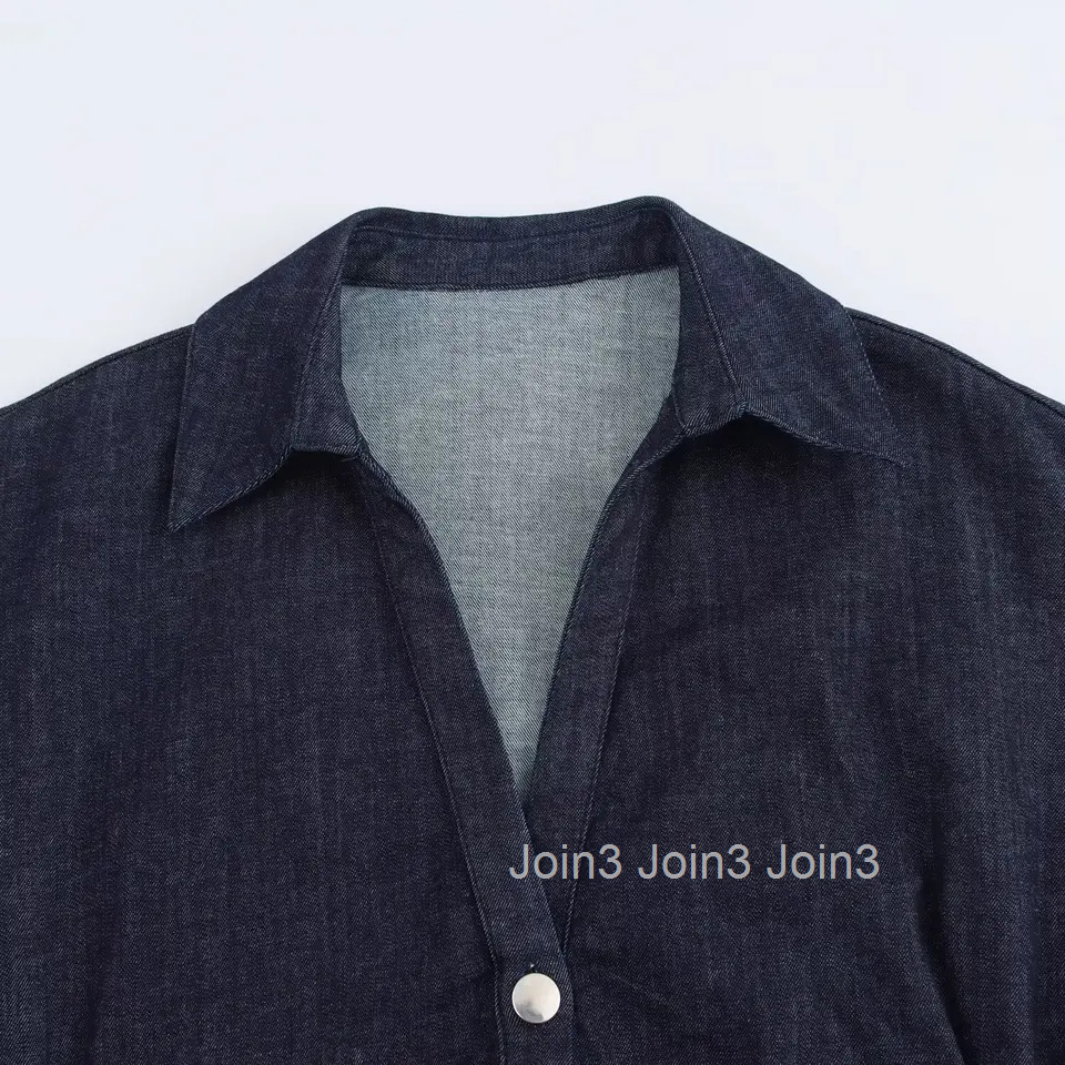 ETJ traf Spring New 1975 series denim MIDI dress with lapel side zipper fashion wrinkle waist slim elegant dress