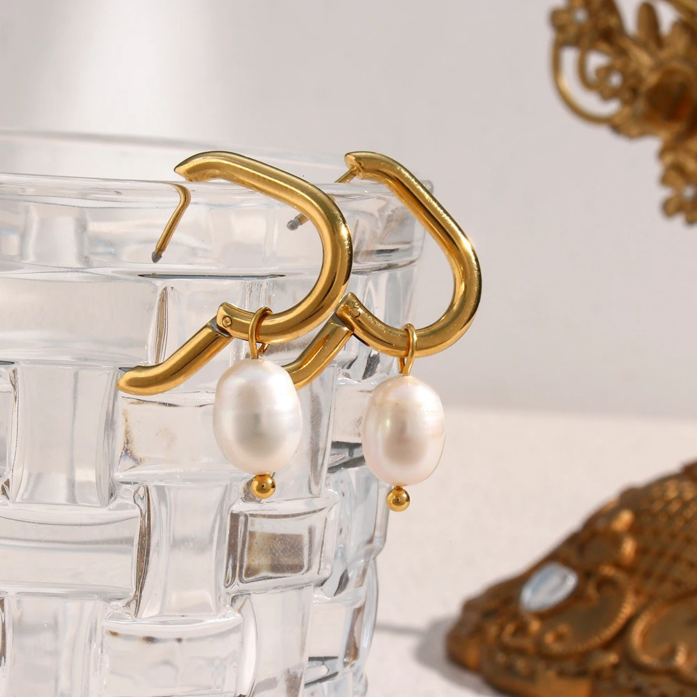 E.B.belle Waterproof Tarnish Free Jewelry Stainless Steel Gold Plated U Shape Freshwater Pearl Drop Hoop Ring Earrings For Woman 250805