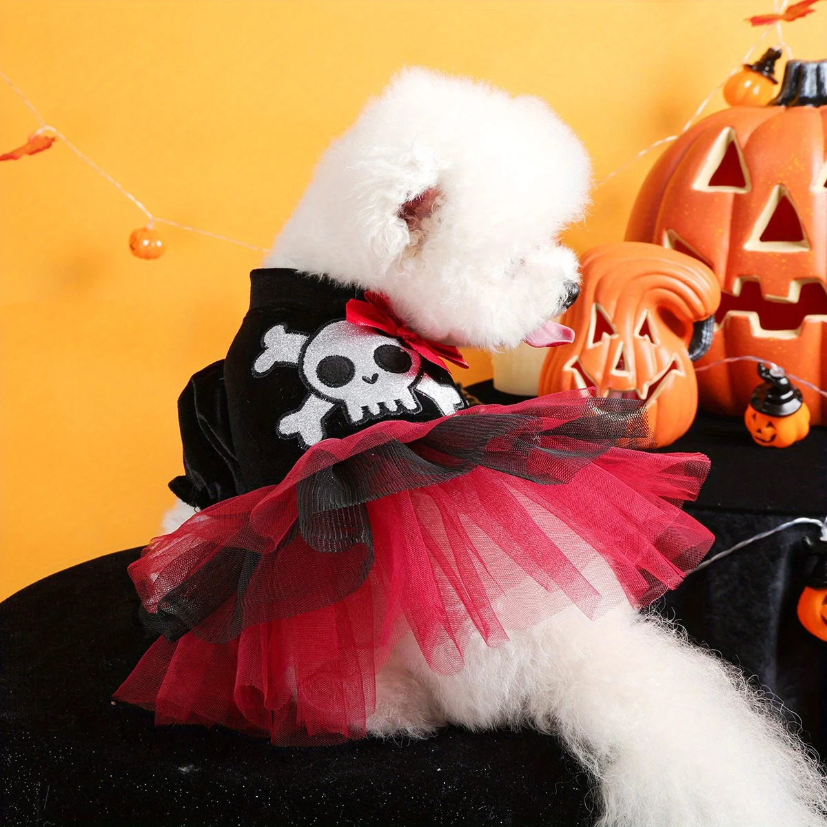 Halloween Pirate Wedding Dress Pet Clothes Dog Cat Black Thermal Dress Funny Red Skull Splicing Open Button Dress 250805