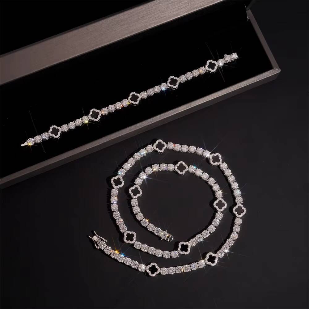 Ready Stocks 925 Solid Silver Tennis Chain 3mm Black Agate Clover Moissanite Necklace Bracelet Unique Moissanite Jewelry