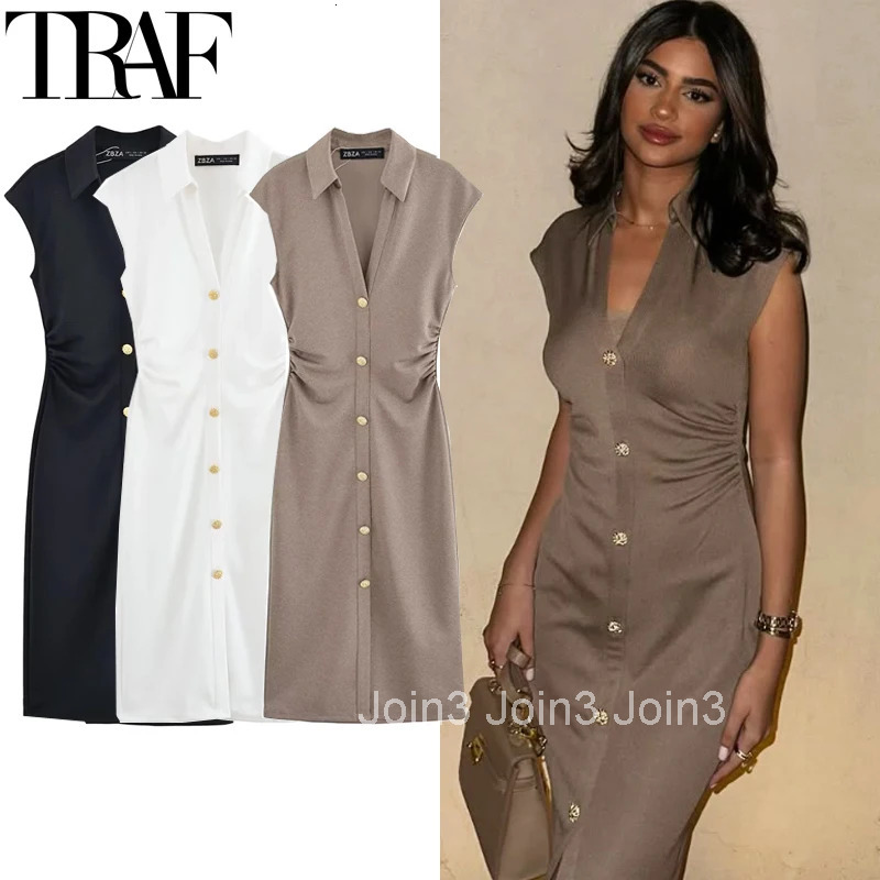 TRAF Sleeveless Solid Long Dresses Woman Summer Ruched Elegant Party Dresses Bodycon Shirt Midi Dress Office Holiday Dress