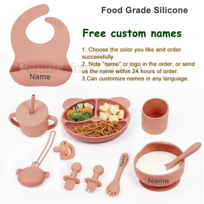 11pcs Childrens Silicone Tableware BPA Free Bear Plate Baby Feeding Set with Personalized Customization Baby Name X2508061