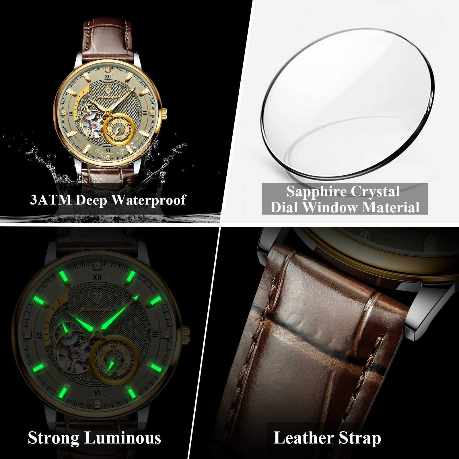 POEDAGAR Sports Luxury Men Clock Waterproof Luminous Man Hollow Tourbillon Automatic Mechanical Leather Mens Watch W250806