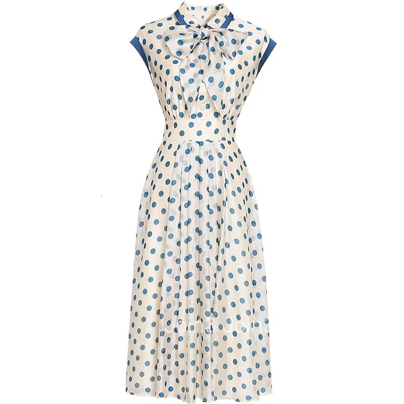 Fashion Temperament Dresses For Women Polka Dot Print Short Sleeve Summer Bowknot Slim A-Line Knee Length Party Dress Vestidos