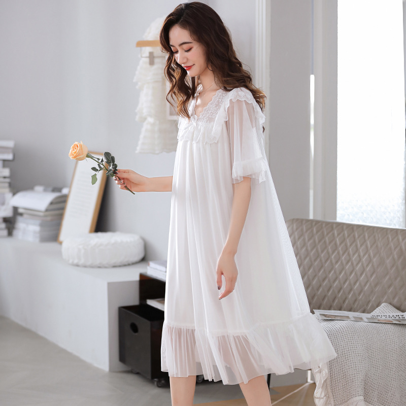 SY61055 Summer Princess Style Modal Short Sleeve Pajamas Large Size Thin Lace Mesh Dress