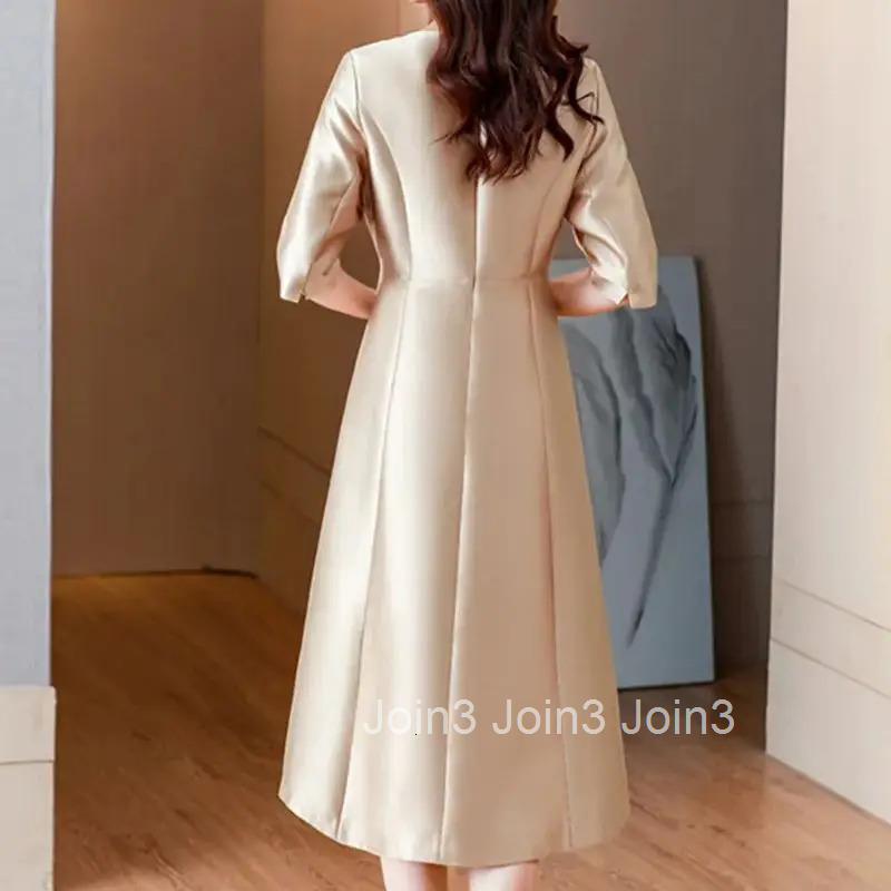 Luxury Satin Womens Dress Summer New Vintage Flower Embroidered Beads Round Neck A-Line Midi Elegant Wedding Party Dresses J103