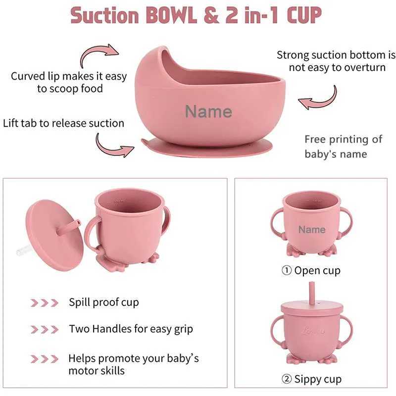 Personalized Name Baby Feeding Sets Silicone Suction Cup Plate Dish Spoon Fork Bib Childrens Tableware Feeding Bowls 6pcs/set X250806