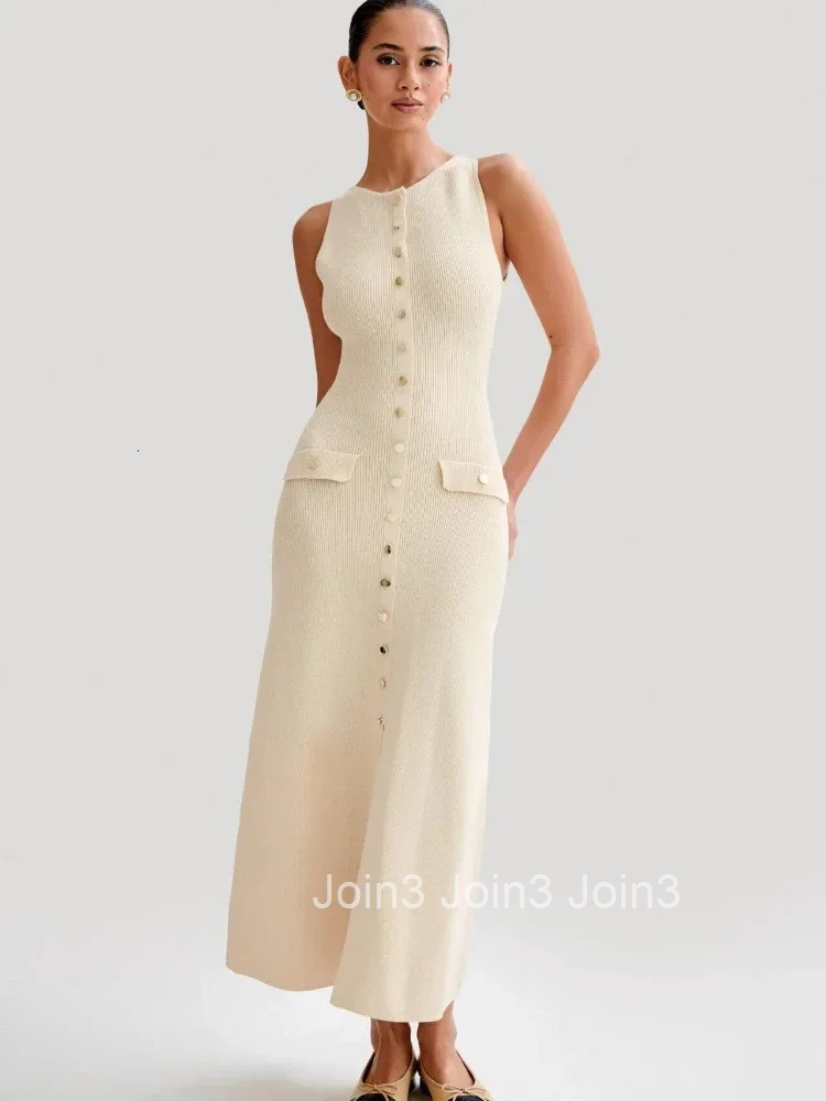 CPSYMYM Elegant Lady Knitted Single Breasted Long Dresses Women Solid Sleeveless O Neck Button Bodycon Party Female Vestidos