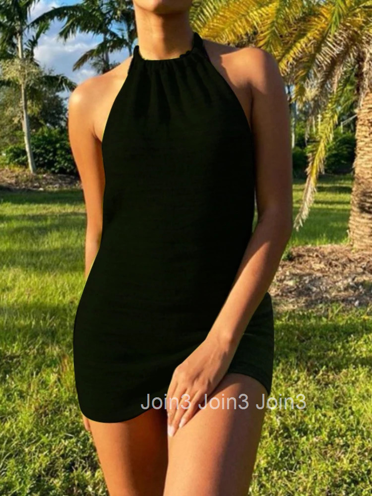 Sexy Spaghetti Strap Halter Neck Backless Bodycon Dress Women Solid Color Sleeveless Mini Dress Elegant Club Party Vestidos