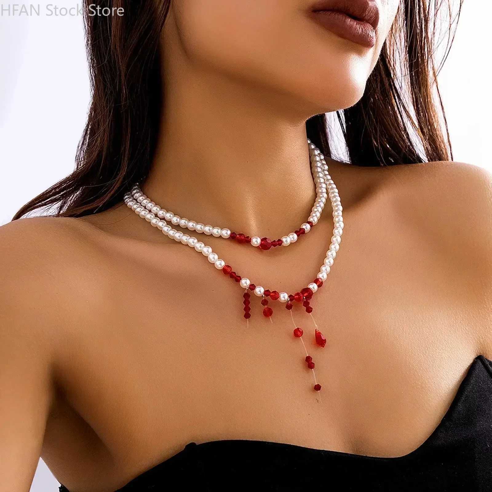 Necklace Dripping Blood Imitation Pearls Womens Necklace Halloween Choker Gothic Style Pearls Creative Tassel Choker Necklace Y250805