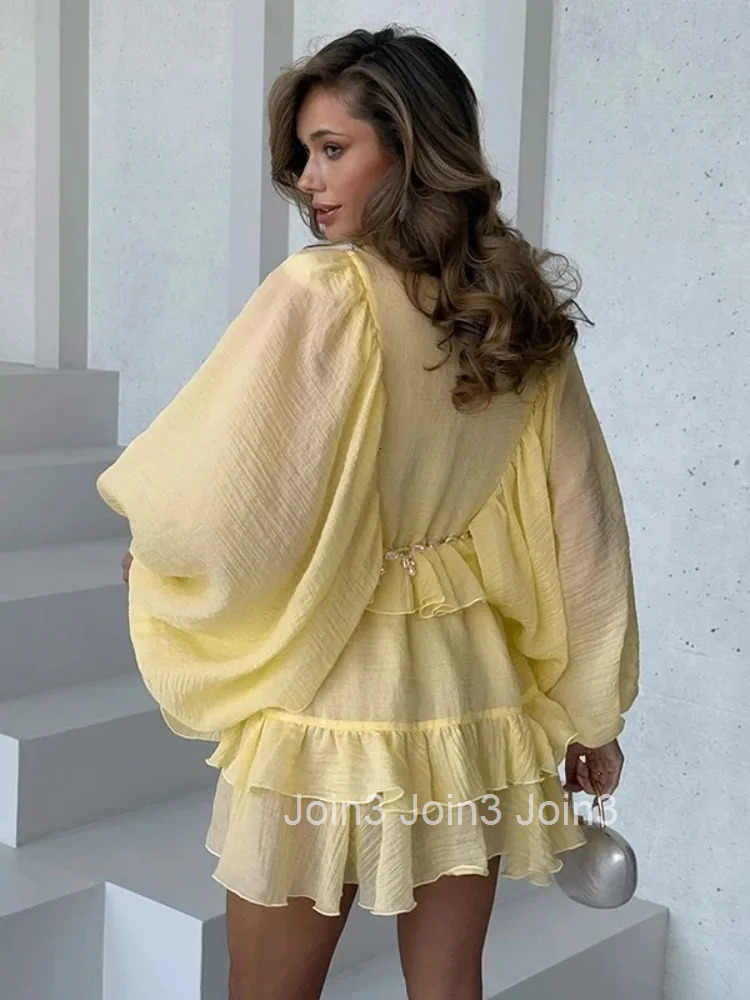 Elegant Ruffles Single Breasted Ruffles Mini Dress Women Chic Flared Sleeve High Waist O-neck Vestidos Lady Party Gowns New