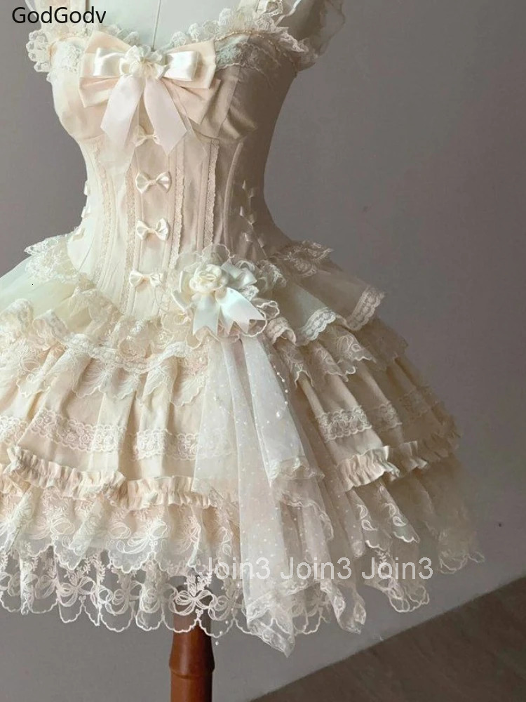 Japanese Sweet Princess Lolita Elegant Woman Party Dress Y2k Chic Bow Fairy Vintage Dress Slim Flower Lace Retro Outfits Summer