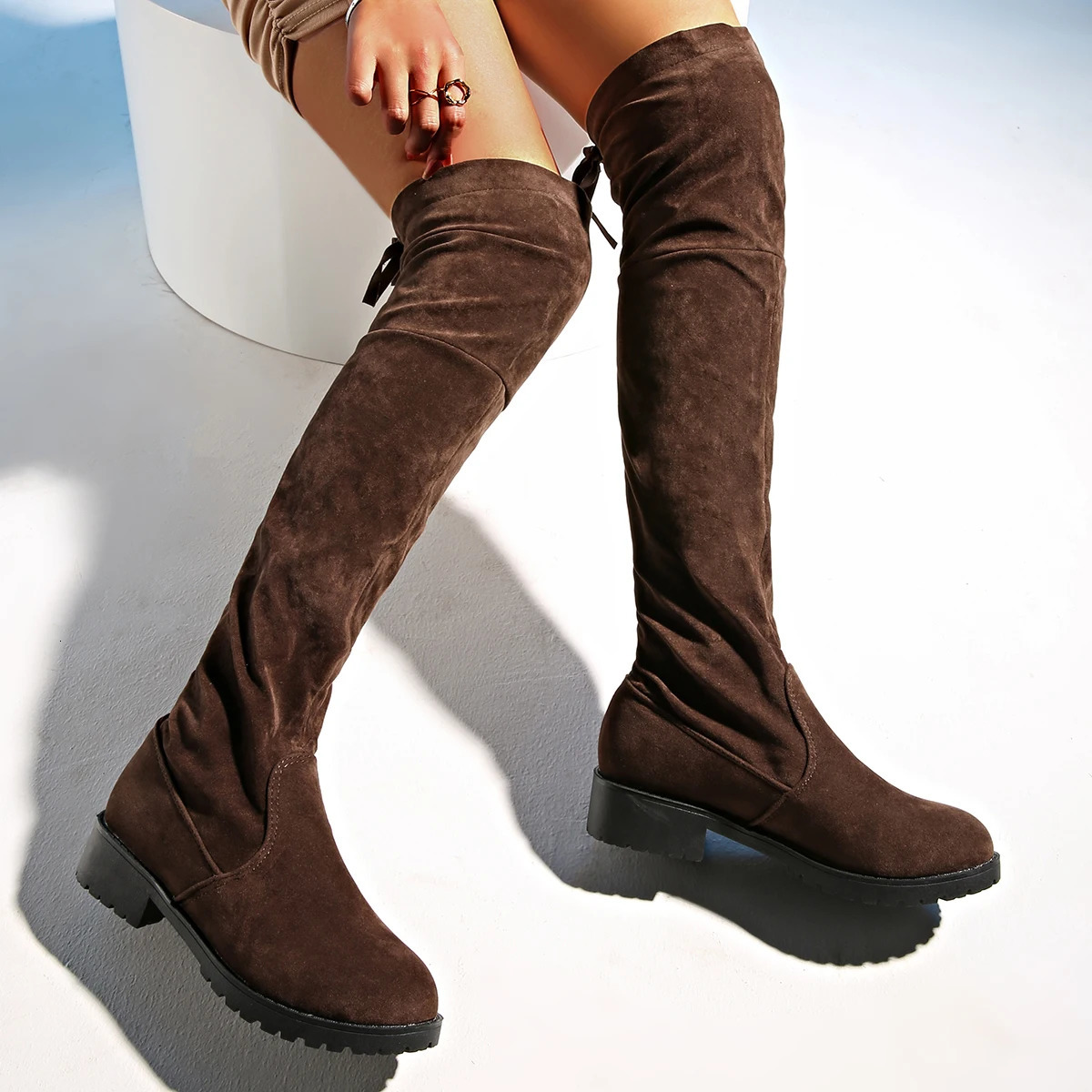 Women Boots Winter brown Over The Knee Boots Comfort Lace Up Chunky High Heels Shoes Fashion Warm Suede Round Toe Boots 250805
