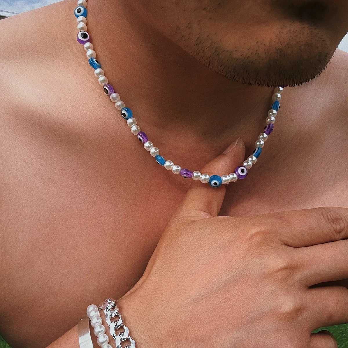 KUNJOE Bohemian Colorful Evil Eyes Beaded Chokers Necklaces for Men Women Ounk Imitation Pearl Clavicle Chain Necklace Y2K Y250805