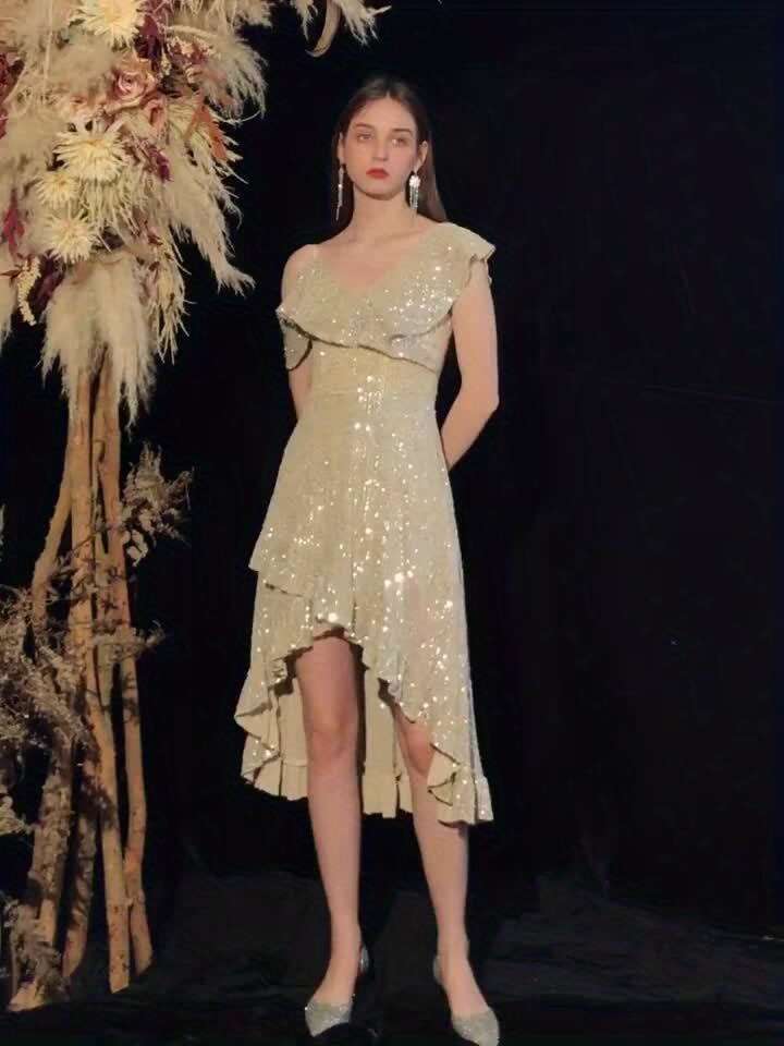 Elegant Champagne Sequin High - Neck A - Line Mini Evening Party Dress for Women