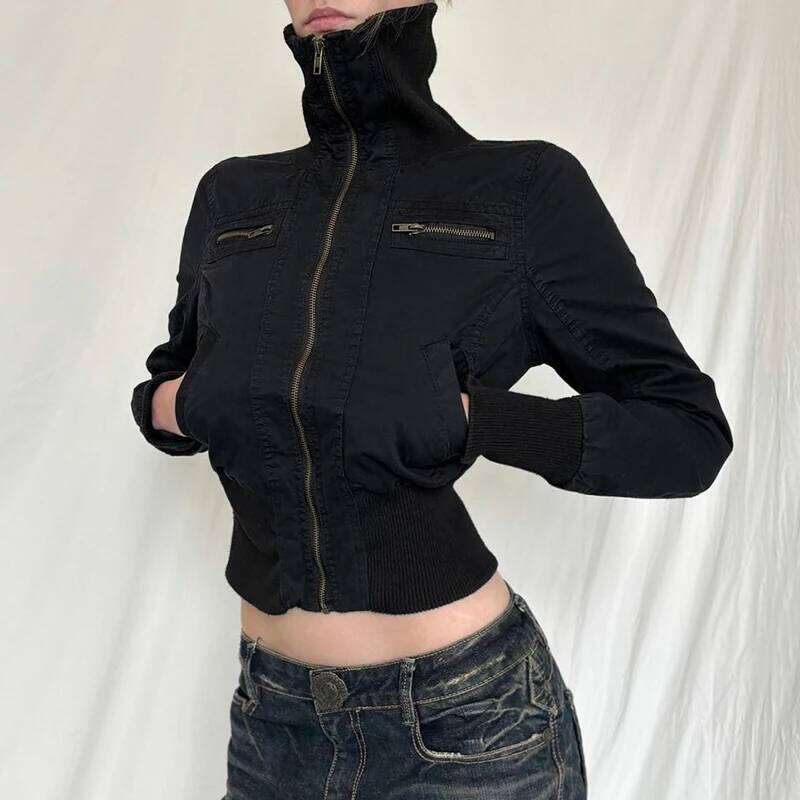 hoodie Streetwear Black Zip Up Jacket Autumn Winter Turtleneck Full Sleeve Cropped Jackets for Women y2k Vintage Ladies Outwear jacket2141