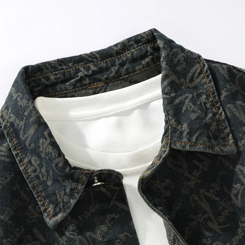 Spring Autumn Mens Loose casual Denim Jacket men Single Breasted turndown Collar Printed Coat man youth top 250806