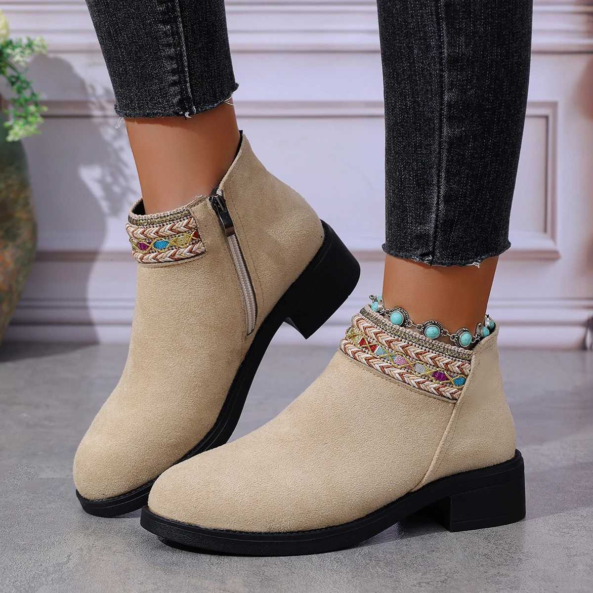 Womens Shoes Rhinestone Short Boots Round Head Chunky Heel Shoes Side Zip Tassel Pendant Comfortable Non-slip Party High Heels 250805