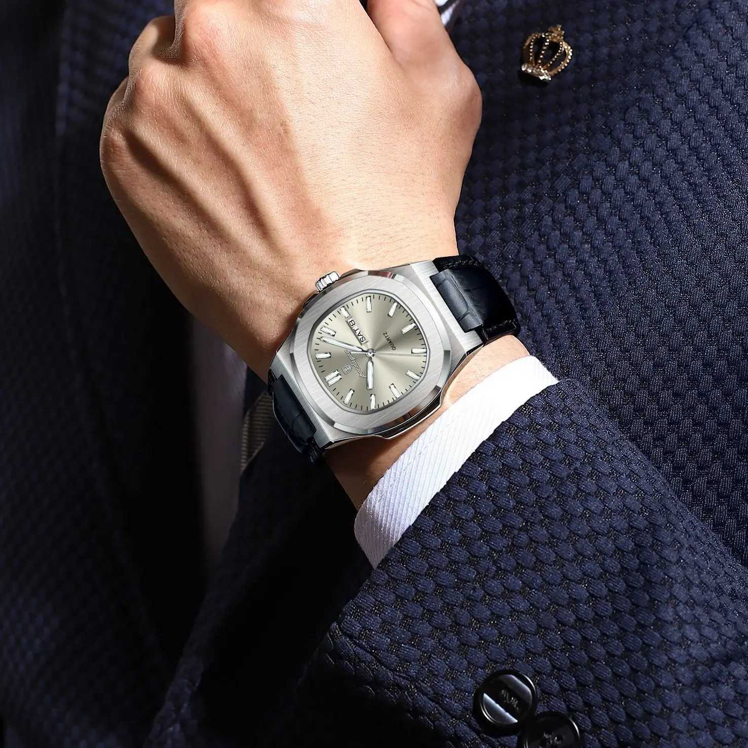 POEDAGAR High Quality For Men Luxury Luminous Waterproof Week Calendar Mens Leather Square Quartz Watch W250806