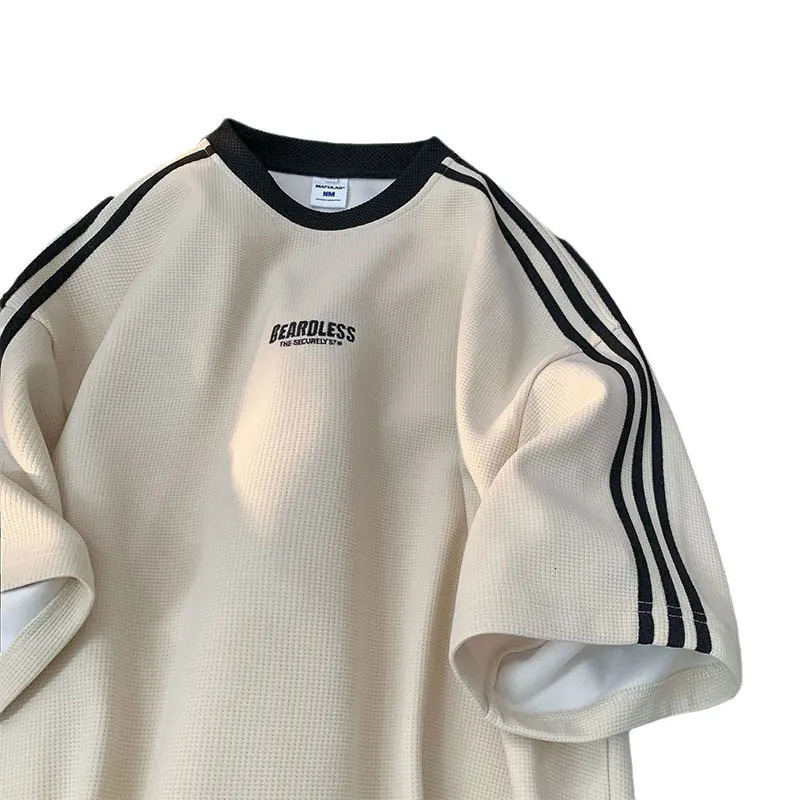 Waffle t-shirt mens summer loose casual striped sports top small neckline simple short sleeve t-shirt top 250806