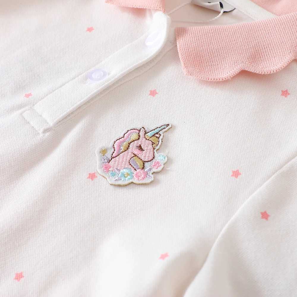 Girls Cotton Long Sleeve Polo Shirt White with Pink Collar and Cute Cartoon Patch Kids Fashion Top for Ages 2-6 X250806
