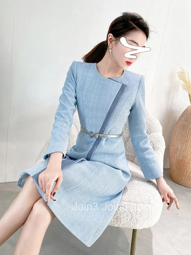 Autumn/Winter High End Temperament Blue A-line Elegant Dress Socialite Commuting Belted Waist Slimming Maxi Dress for Women