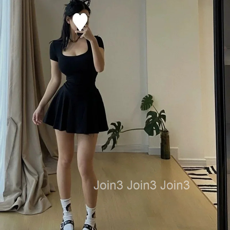 Elegant Dress Black Square Collar Womens Summer New Style Mini Skirt Fashionable Casual Day Dress