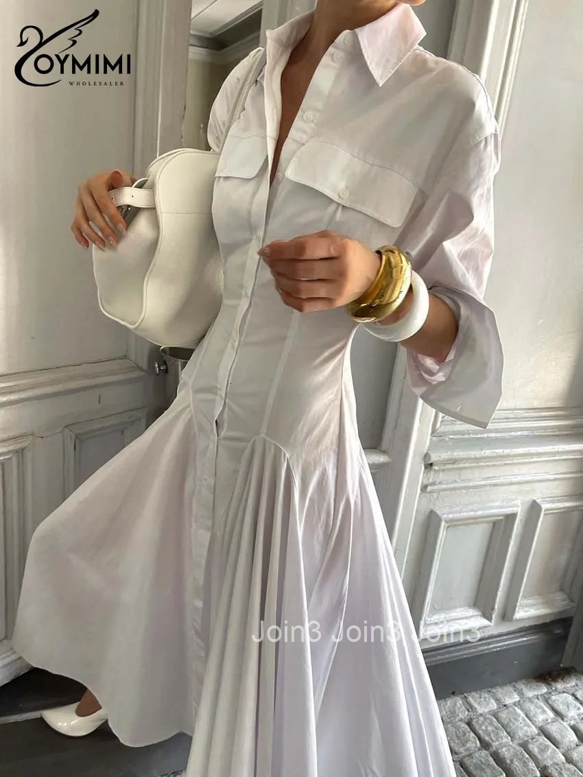 Elegant White Lapel Womens Dress Fashion Three Quarter Sleeve Pockets Dresses Casual Button Pleated Ankle-Length Dresses