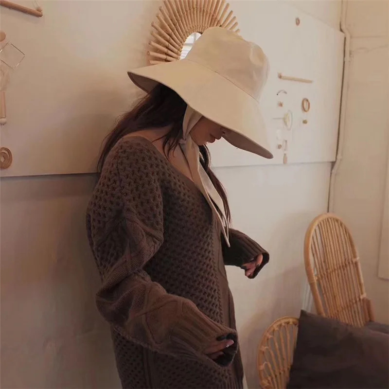Summer Spring Japan Tie Bucket Hat Women Korean Big Brim Fisherman Hat Foldable Sunscreen Chic Cotton Linen Beach Sun Hat 250805