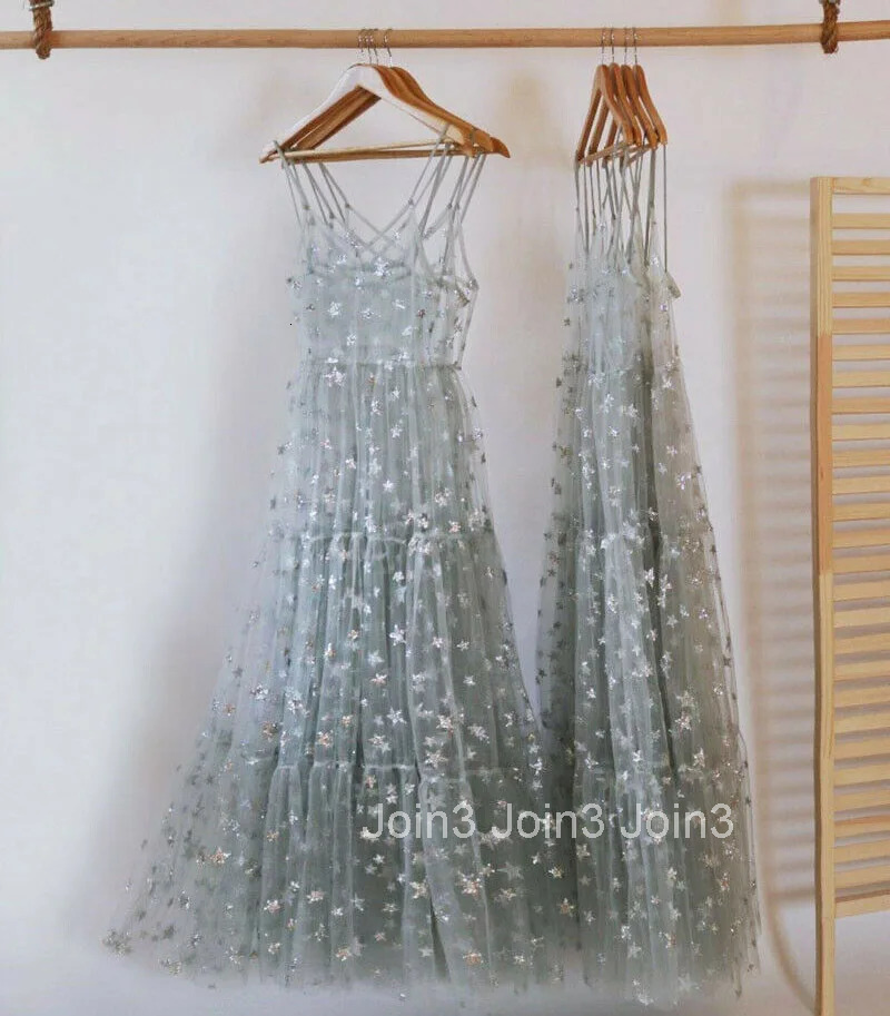 Straps Tulle Dresses Women Long Maxi Dresses Fashion Bling See Through V-neck Party Dresses For Women