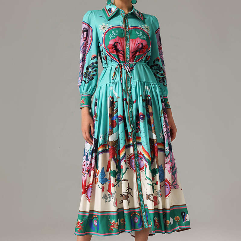 New Women's Fashion Printed Turn-Down Collar Long Sleeve Dress B5