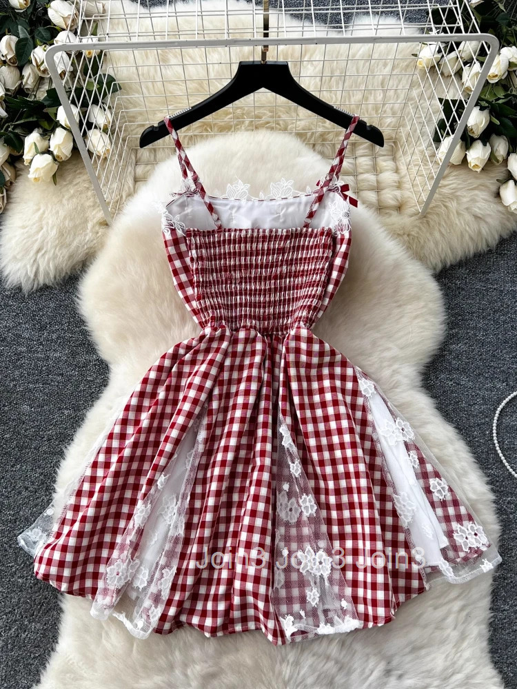 France Elegant Sweet Mori Girl Style Short Dress Women Lace Bow Plaid Party Dress Female Casual Chic Cute Clothing Summer New
