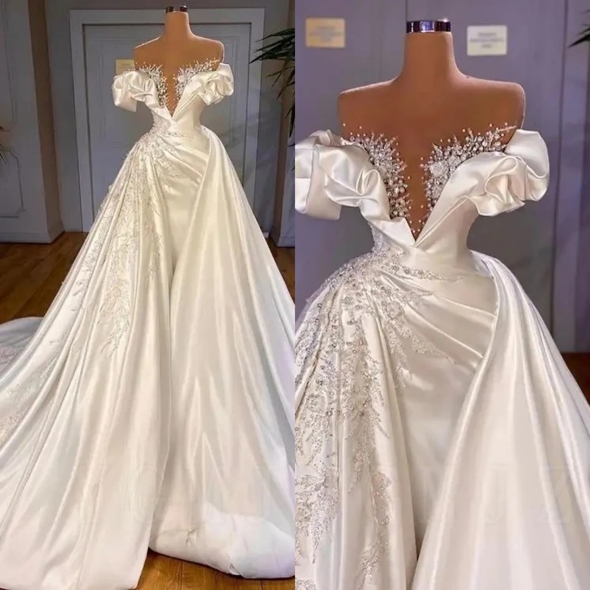 Vintage A Line Women Wedding Dress Sheer Neck Off Shoulder Sleeveless Bridal Gowns Appliques Sequins Sweep Train Dress Custom Made vestidos de novia