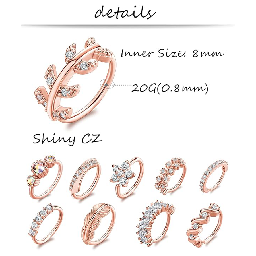 10Pcs Nose Ring Hoop Paved Flower Leaf Feather CZ Cartilage Earrings Nose Piercing Jewelry for Women Men Rose Gold Tone 20G
