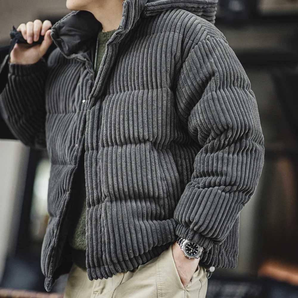 Mens Corduroy Down Jacket Winter Thickened Warm Striped Hooded Coat Vintage Padded Jackets Removable Hood Black Clothing W250806
