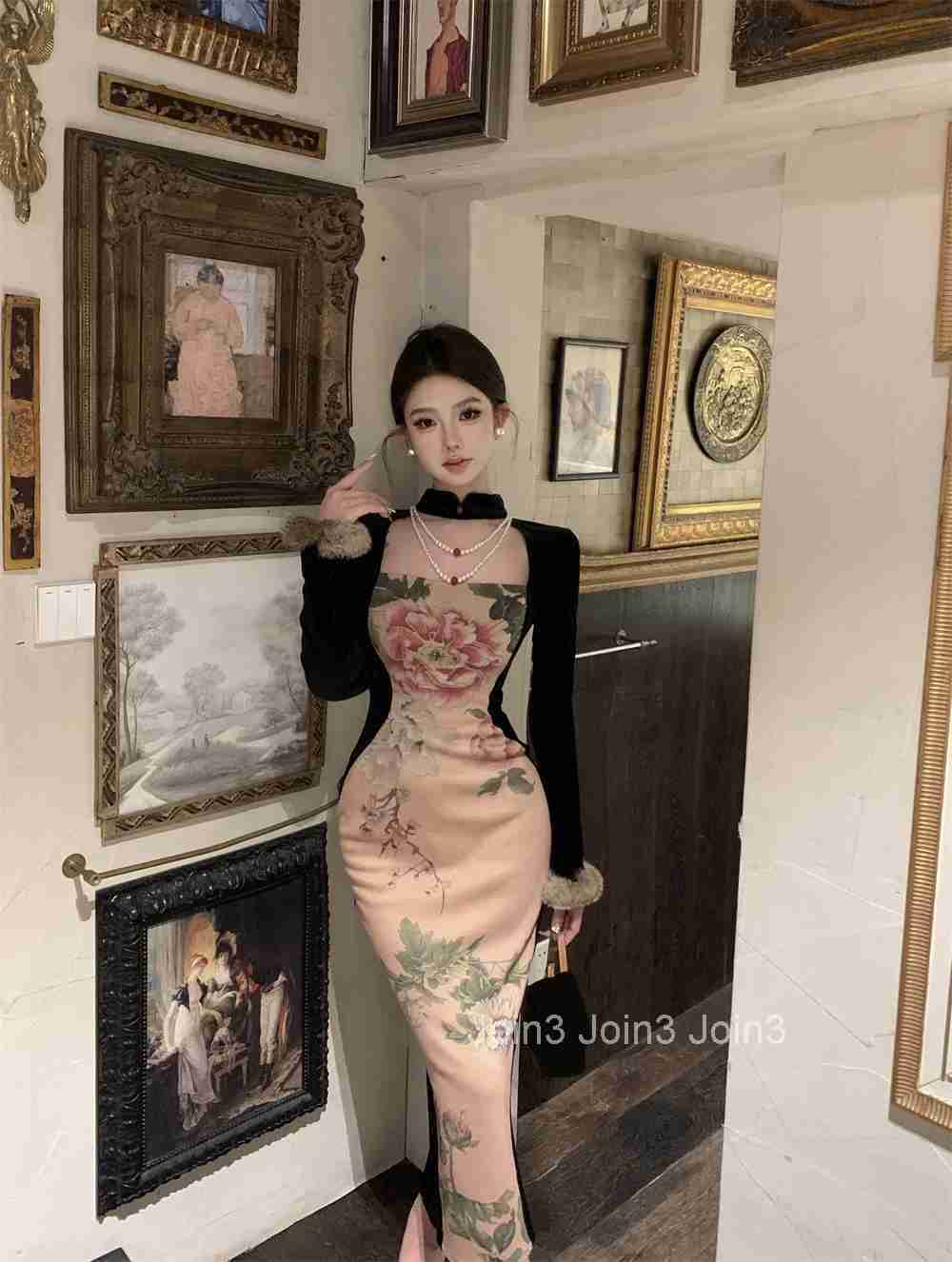 Vintage Dresses Women Floral Printed Stand Collar Long Sleeve Patchwork Slim Elegant Dress Ladies Temperament Chic