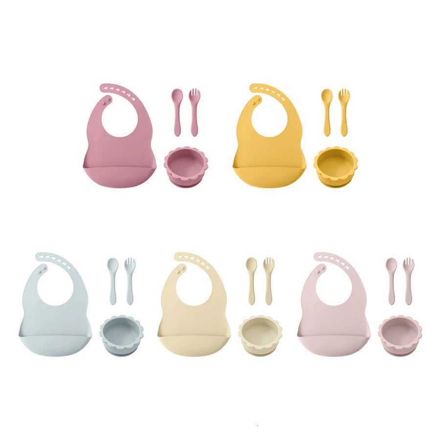 4PCS Baby Silicone Feeding Set Waterproof Baby Bib Suction Cartoon Plates Plate Sucker Bowl Training Fork Spoon Baby Supplies X250806