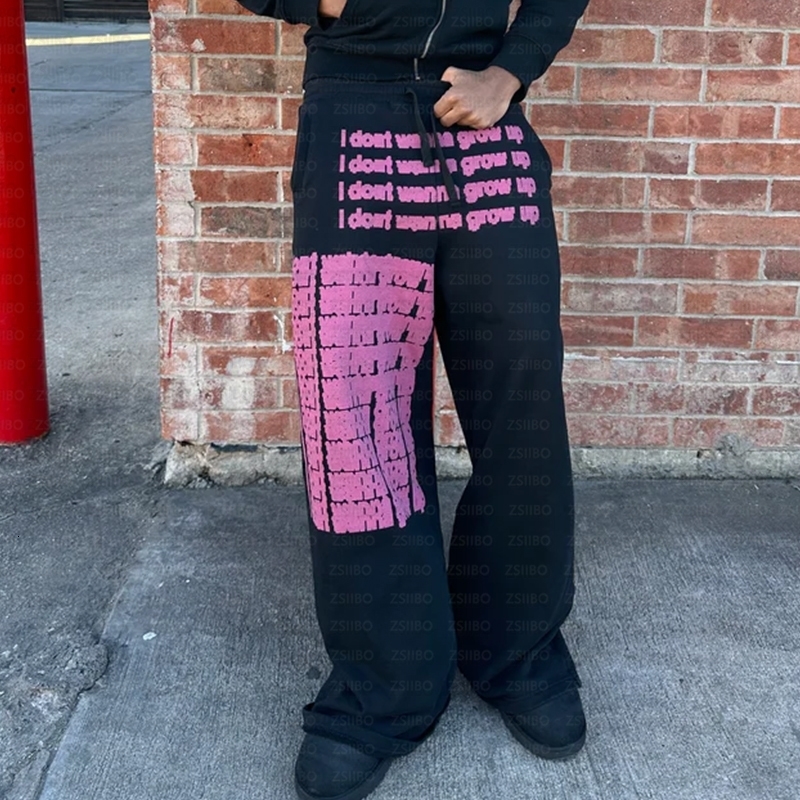 Y2K Men Vintage Trousers American Pattern Letter Print Streetwear Gothic Harajuku Hip Hop Women Casual Wide Leg Unisex Pants 250710