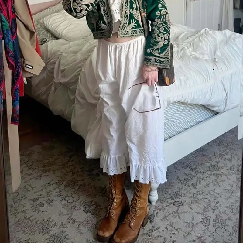 Cottage Fairy Wide Leg Pants Y2k Aesthetic 00s Retro High Waist Calf-Length Pants Vintage Lounge Loos Fit Ruffles Hem Trousers 250806