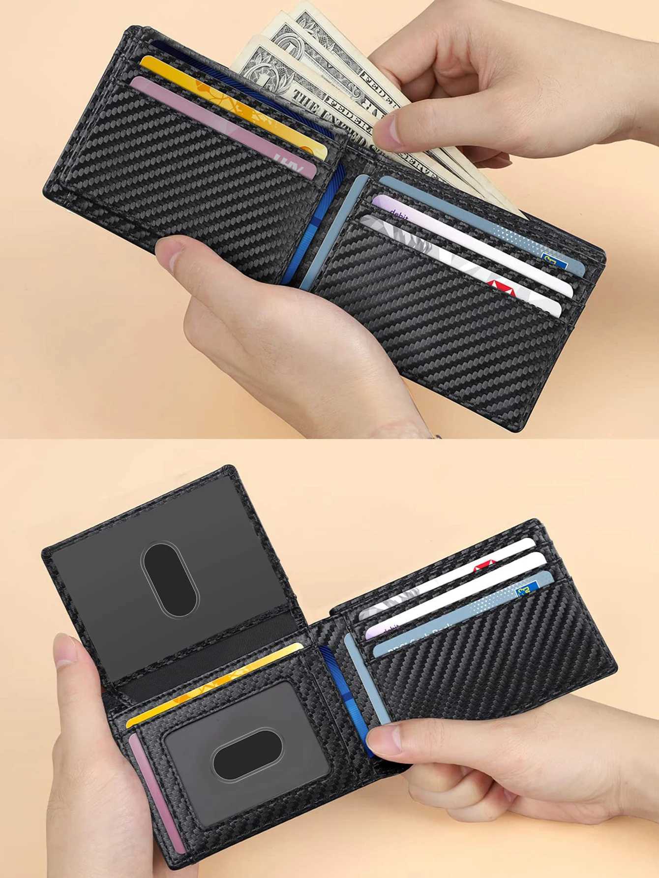 RFID Blocking Ultra-thin Trifold Wallet Carbon Fiber Pattern Portable Holder with 2 ID Windows and Multiple Card Slots XJ250806