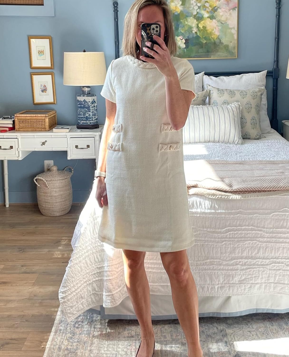 Womens Tweed Jackie Elegant Crew Neck Short Sleeve Button Bodycon Mini Dress