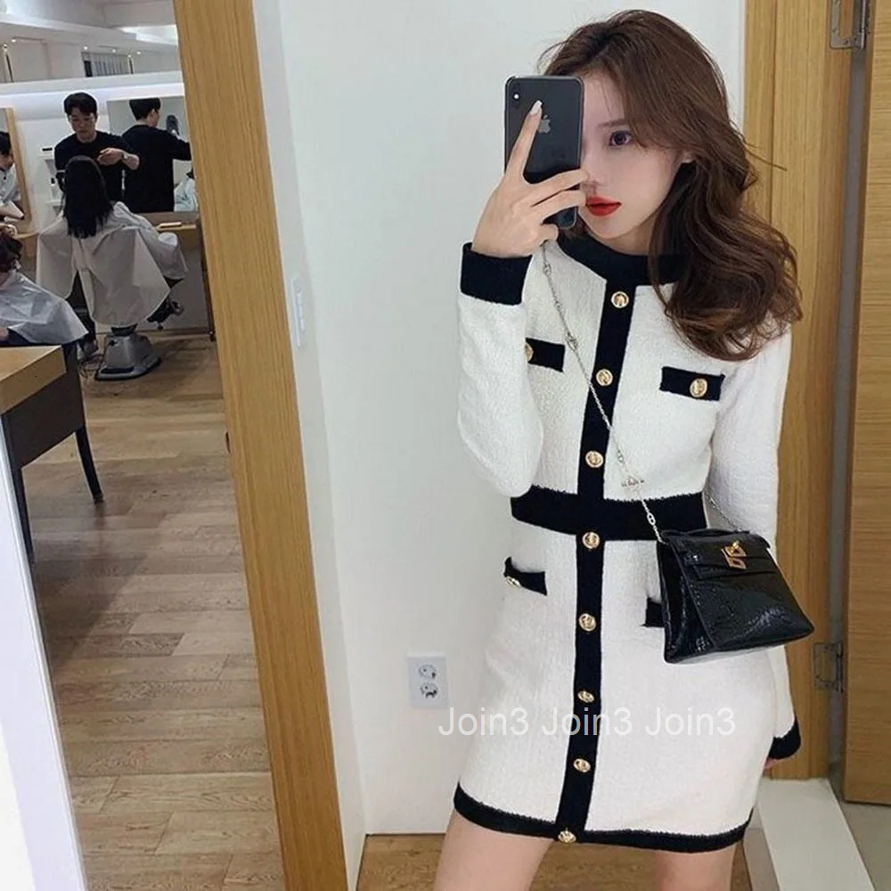 Fashion Korean Style Knitted Dress Winter White Black Women Knit Bodycon Dress Elegant Long Sleeve Dress Knitwear For Women