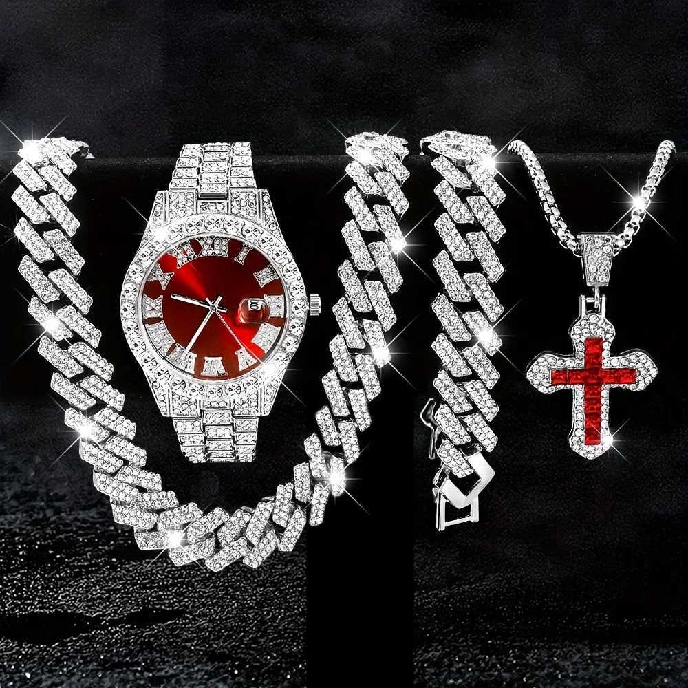 4Pcs/Set Personalized Handsome Hip Hop Mens Quartz Set 1Pcs +3Pcs Jewelry Set Fashionable Mens Selected Set W250806