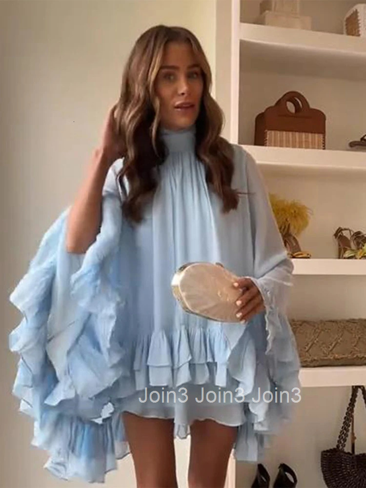 Ruffles Hem Mini Dress Women Elegant Stand Collar Long Flare Sleeve Lace Up Mid Length Dresses Ladies Fashion Summer Robes