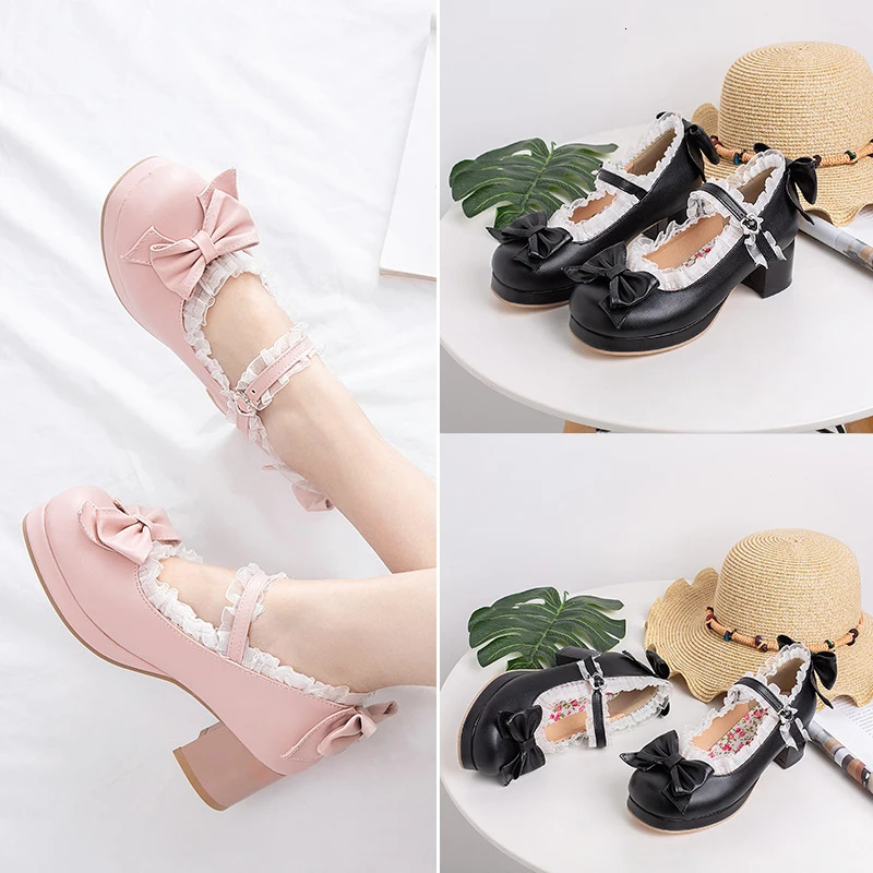 Girls Sweet Lolita Ruffles Bowknot Lace Bridal Wedding Shoes Women High Heel Bordered Princess Dress Men Pink Plus Size 33-48 250731