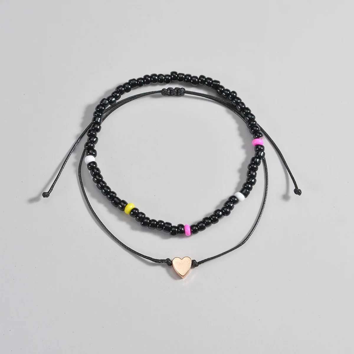 2pcs Heart Anklet Sets For Women Black Rice Beads Waterproof Elastic Rope Chain Ankle Foot Jewelry Accessories Y250805