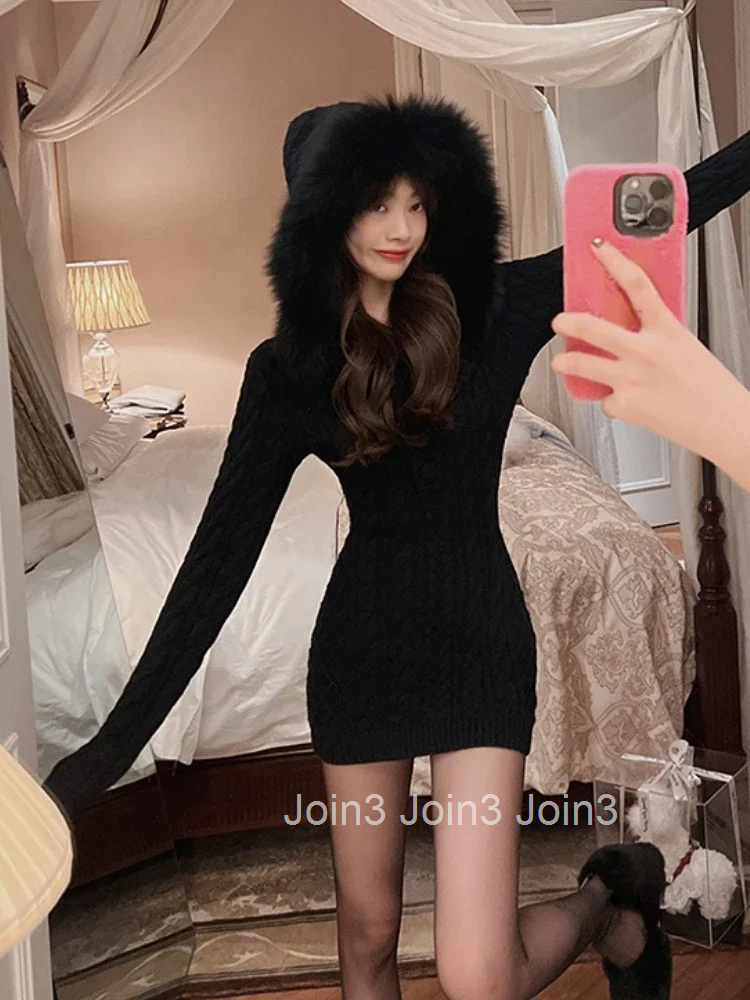 Winter Knitted Sweater Dress with Hooded Women Slim Bodycon Y2k Mini Dress Faux Fur Female One Piece Dress Korean Elegant