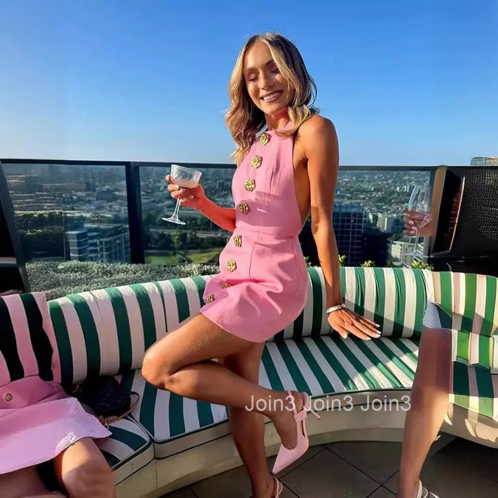 Halter Hallow Out Backless Mini Dress Women Summer New Elegant Sleeveless Gold Button Pink Dresses Lady Chic Party Vestidos