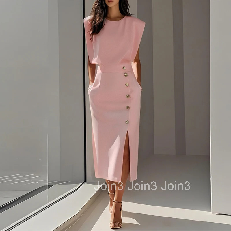 Summer Fashion O Neck Split Women Dress Elegant Solid Slim Button Party Dress Casual Sleeveless High Waisted Office Lady Dresses